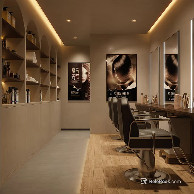 Modern Hair Salon Interior With Barber Chairs Mirrors And Shelves 3d model 