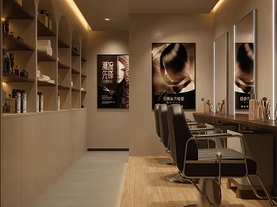 Modern Hair Salon Interior With Barber Chairs Mirrors And Shelves 3d model