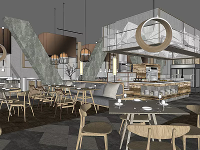 Modern Restaurant Interior With Wooden Tables Hanging Circular Lights And Open Bar 3d model