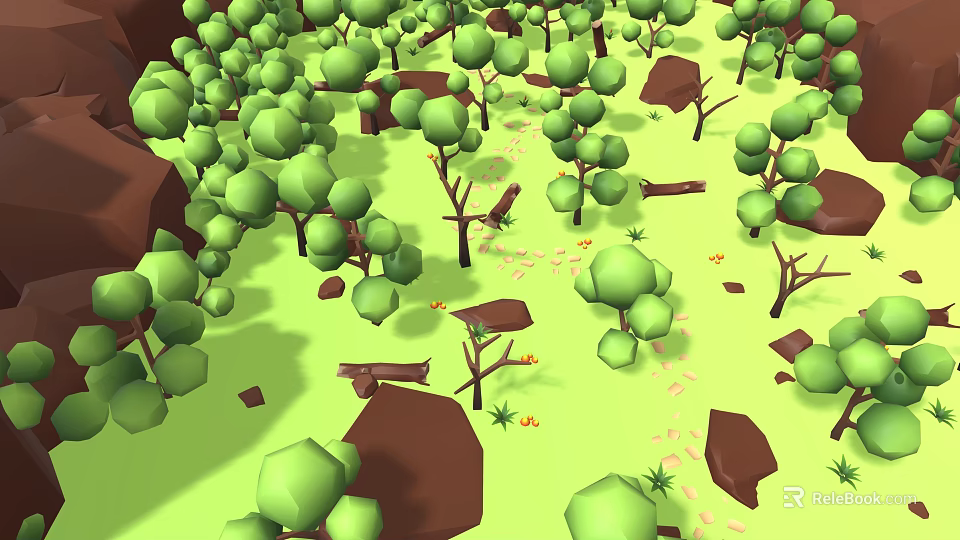 Lush Green Forest Landscape with Tall Trees Rocks and Fallen Logs 3d model 