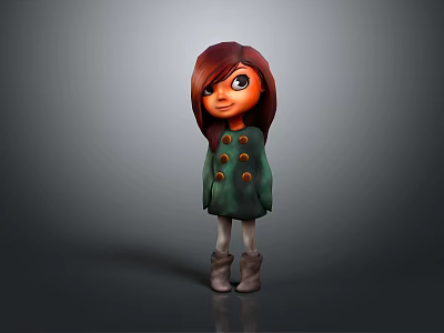 3D Cartoon Character With Long Red Hair Green Coat Yellow Buttons And Gray Boots 3d model