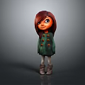 3D Cartoon Character With Long Red Hair Green Coat Yellow Buttons And Gray Boots