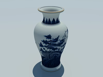 Traditional Blue And White Porcelain Vase With Landscape Painting Design 3d model