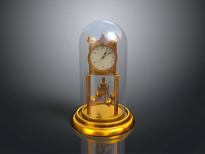 Antique Mantel Clock With Glass Dome Cover And Golden Base Stand 3d model