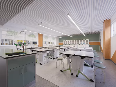 Modern Laboratory Interior With Tables Chairs Cabinets Lighting And Windows 3d model