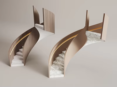 Modern Curved Staircase Design With Wooden Handrail Marble Steps And Golden Lighting Strip 3d model