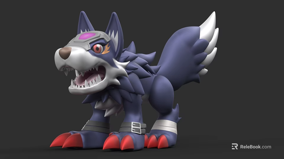 Blue Wolf Shaped Game Movie Character With Pointed Ears Red Eyes Open Mouth Sharp Teeth 3d model 