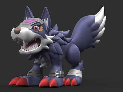 Blue Wolf Shaped Game Movie Character With Pointed Ears Red Eyes Open Mouth Sharp Teeth 3d model