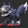 Blue Wolf Shaped Game Movie Character With Pointed Ears Red Eyes Open Mouth Sharp Teeth