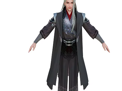 A Man In Ancient Black Robe With Long White Hair And Red Lining 3d model