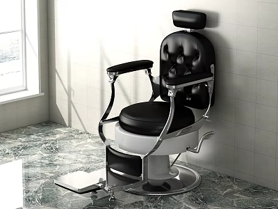 Classic Black Leather Barber Chair With Silver Frame And Marble Floor 3d model