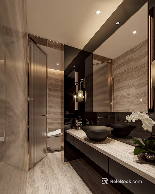 Modern Luxury Bathroom With Marble Walls Double Vessel Sinks And Elegant Glass Shower Partition 3d model 