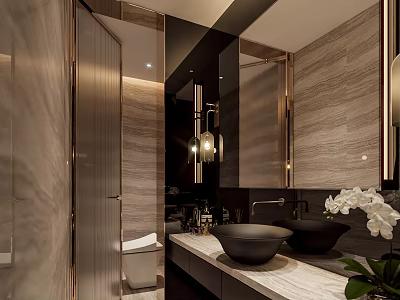 Modern Luxury Bathroom With Marble Walls Double Vessel Sinks And Elegant Glass Shower Partition 3d model