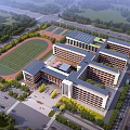 Multi Story Modern School Building With Red Brick Facade Glass Windows And Green Lawn Area