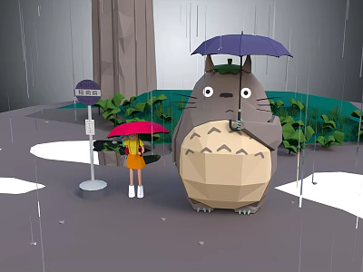 Cute Totoro and Little Girl Standing in Rain with Umbrellas and Trees 3d model