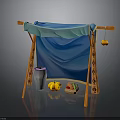 Blue Canopy Structure With Orange Stands Gray Vase Yellow Pumpkins And Fruits