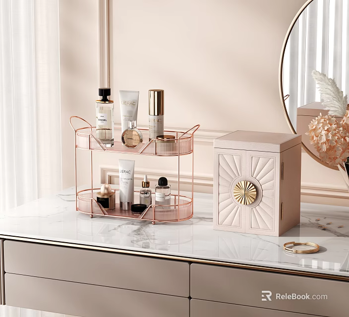 Luxury Perfume Cosmetics On Vanity Table With Gold Storage Rack And Marble Surface 3d model 