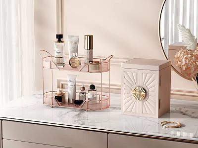 Luxury Perfume Cosmetics On Vanity Table With Gold Storage Rack And Marble Surface 3d model