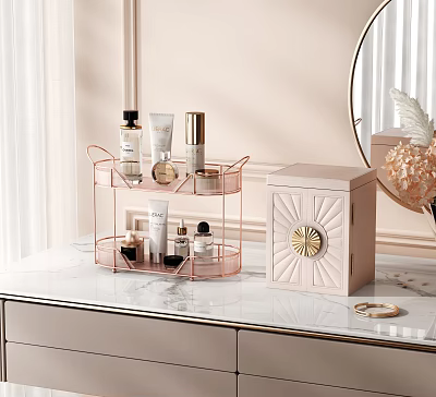 Luxury Perfume Cosmetics On Vanity Table With Gold Storage Rack And Marble Surface 3d model