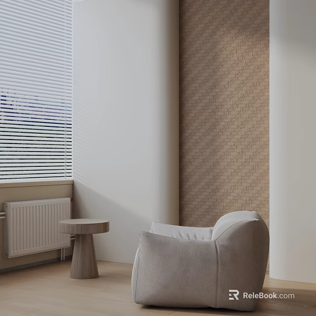Modern Light Gray Accent Chair With Small Side Table Near Window And Textured Wall 3d model 