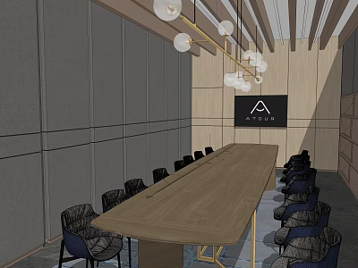 Modern Conference Room Interior With Long Wooden Table Black Chairs And Projection Screen 3d model