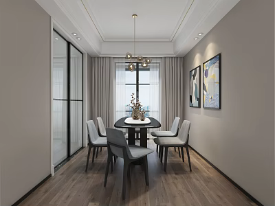 Modern Dining Room Interior With Round Table Gray Chairs Chandelier Wall Paintings And Wooden Flooring 3d model