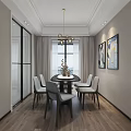 Modern Dining Room Interior With Round Table Gray Chairs Chandelier Wall Paintings And Wooden Flooring