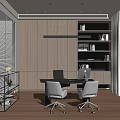 Modern Office Interior With Wooden Walls Bookshelves Desk And White Office Chairs