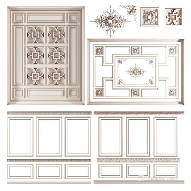 Elegant Interior Decorative Components With Carved Panels And Ceiling Decorations 3d model