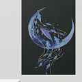 Night Landscape Painting With Blue Crescent Moon Swimming Fish And Golden Stars
