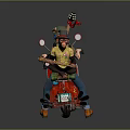 Vibrant Red Motorcycle With Two Riders Colorful Stickers Small Flags And Gray Background