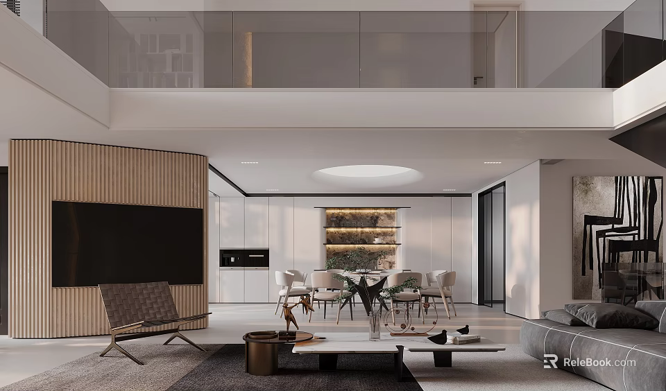 Modern Living and Dining Room Design With Wooden Wall Round Ceiling Light Dining Table Sofa 3d model 