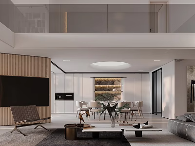 Modern Living and Dining Room Design With Wooden Wall Round Ceiling Light Dining Table Sofa 3d model