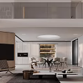 Modern Living and Dining Room Design With Wooden Wall Round Ceiling Light Dining Table Sofa