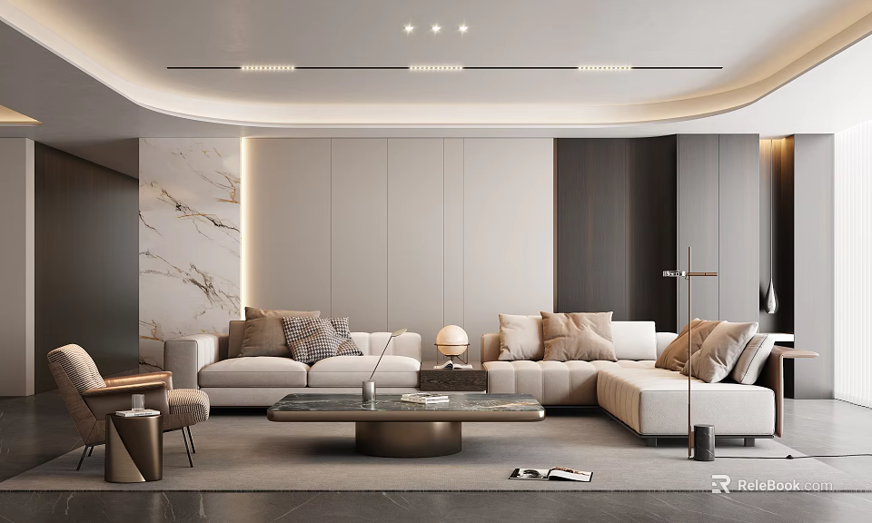 Modern Living Room Interior Design With Beige Sofa Marble Wall And Ceiling Light Strips 3d model 