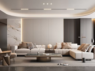 Modern Living Room Interior Design With Beige Sofa Marble Wall And Ceiling Light Strips 3d model