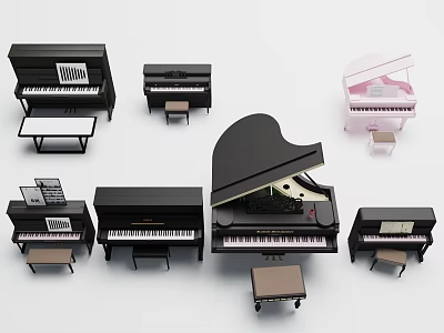 Different Types Of Musical Instrument Pianos In Black Pink With Matching Stools 3d model