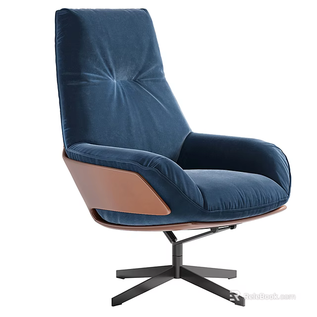 Comfortable Navy Blue Velvet Office Chair With Wooden Armrests And Swivel Base 3d model 