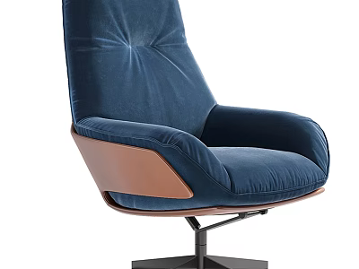 Comfortable Navy Blue Velvet Office Chair With Wooden Armrests And Swivel Base 3d model