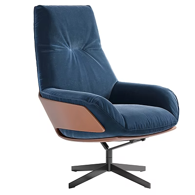 Comfortable Navy Blue Velvet Office Chair With Wooden Armrests And Swivel Base 3d model
