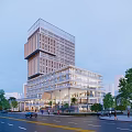 Modern Office Building Featuring Glass Facade Geometric Design With Trees Pedestrians And Street