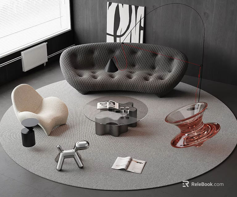 Stylish Gray Tufted Sofa and Glass Coffee Table Set with Beige Chair Silver Dog Ornament 3d model 