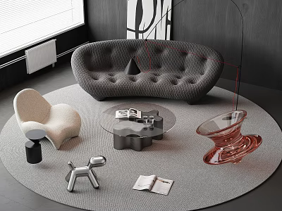 Stylish Gray Tufted Sofa and Glass Coffee Table Set with Beige Chair Silver Dog Ornament 3d model
