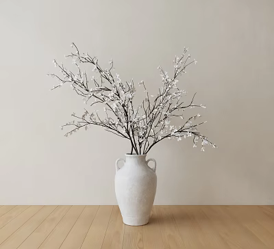White Vase With Flowering Branches Against Light Wall And Wooden Floor 3d model