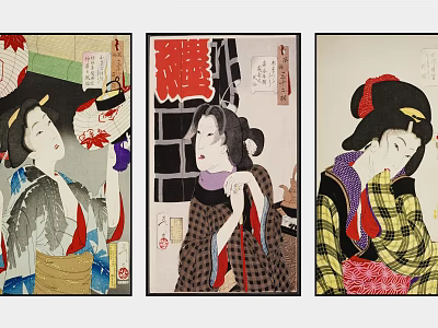 Traditional Japanese Ukiyo e Female Figure Paintings With Kimono And Ornate Details 3d model