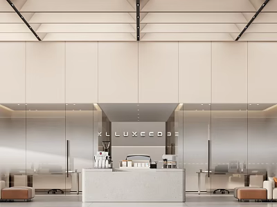 Elegant Front Desk Reception Setup With White Counter And Modern Design Features 3d model