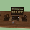Traditional Tea Table And Chairs Setup With Ceramic Jars On Shelves And Wooden Floor