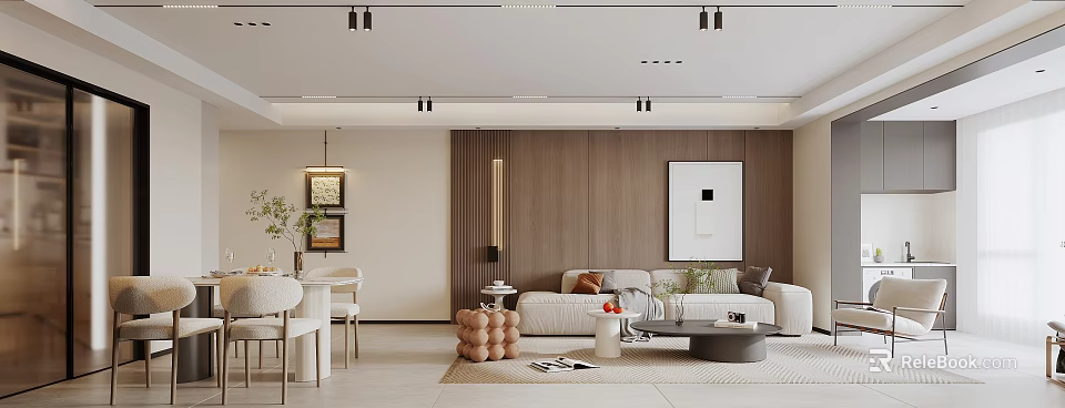 Modern Living Dining Room Interior With Sofa Coffee Table Dining Set Wooden Wall And Artwork 3d model 