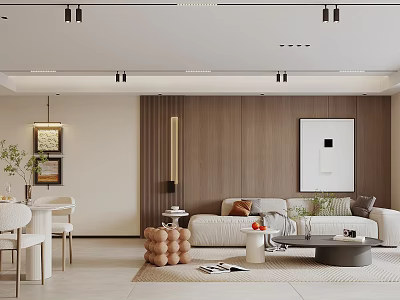 Modern Living Dining Room Interior With Sofa Coffee Table Dining Set Wooden Wall And Artwork 3d model