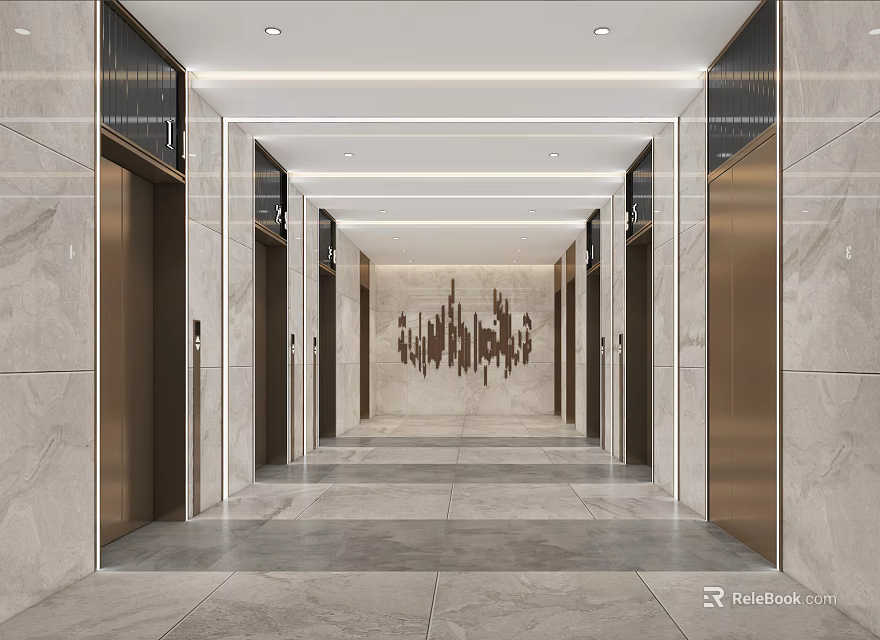 Elevator Hallway Featuring Marble Walls Elevator Doors Ceiling Lighting And Decorative Wall Art 3d model